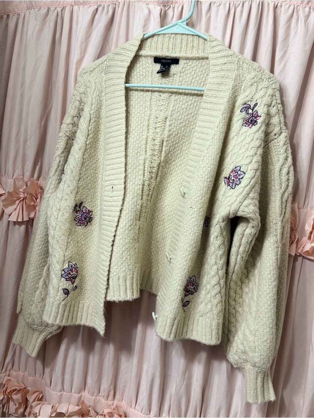 Forever 21 Cream Cable Knit Cardigan with Pink Floral Embroidery